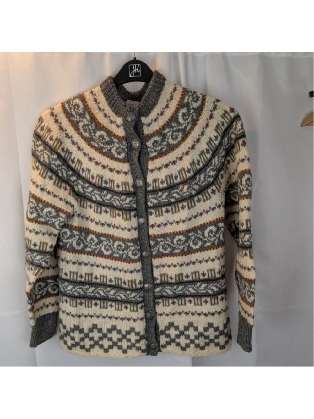 VTG Handmade in Norway heavy cardigan patterned wool sweater sz M(by measurement